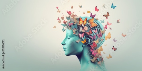 Human brain with flowers and butterflies, self care and mental health concept, positive thinking, creative mind, Generative AI