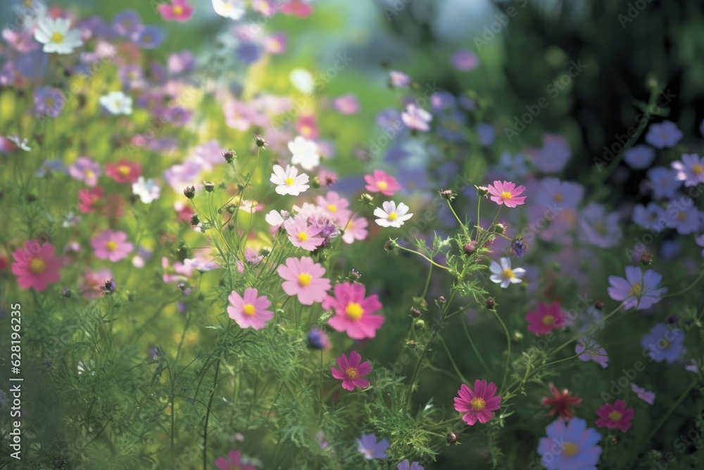 Field of colorful blooming cosmos flower in spring on morning Created with Generative AI technology. Field of colorful blooming cosmos flower in spring on morning Created with Generative AI technology.