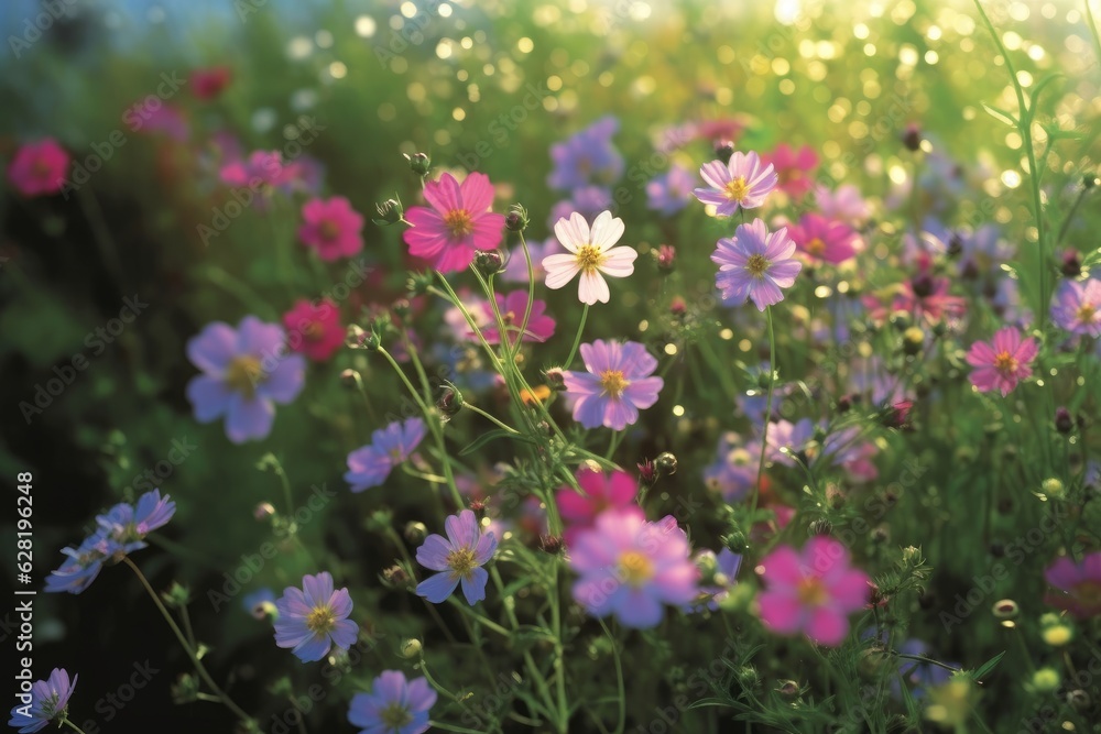 Field of colorful blooming cosmos flower in spring on morning Created with Generative AI technology. Field of colorful blooming cosmos flower in spring on morning Created with Generative AI technology.