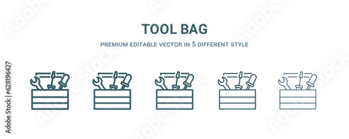 tool bag icon in 5 different style.Thin, light, regular, bold, black tool bag icon isolated on white background. Editable vector