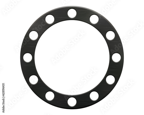 Realistic vector illustration of round black rubber gasket with a dozen small and one large circular holes. A technical product for the insulation of pipelines and cars in flanged connections