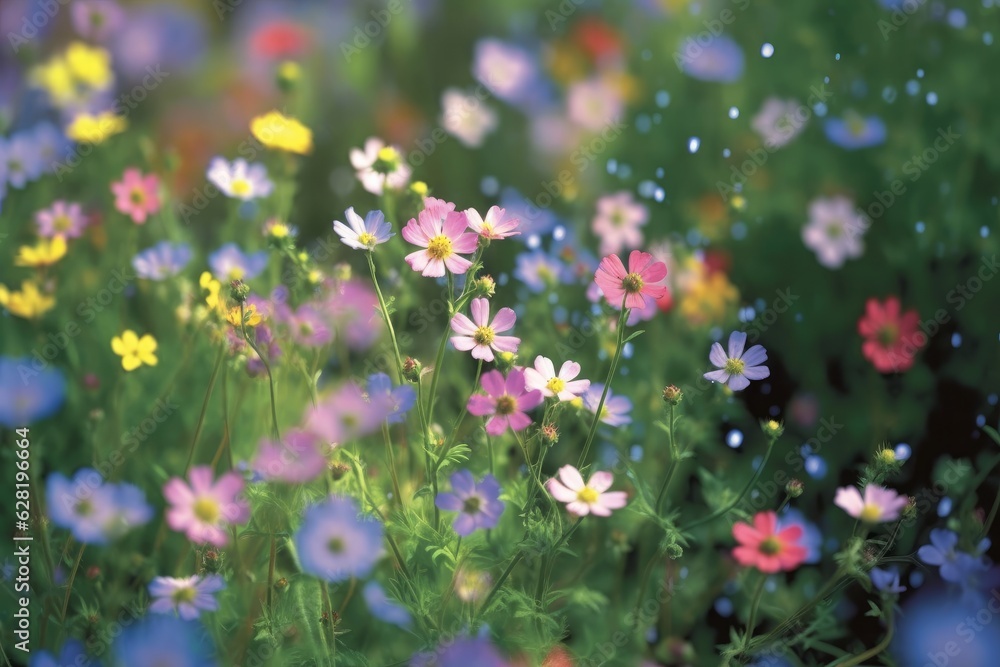 Field of colorful blooming cosmos flower in spring on morning Created with Generative AI technology.