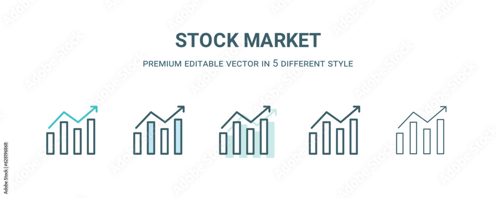 stock market icon in 5 different style. Outline, filled, two color, thin stock market icon isolated on white background. Editable vector can be used web and mobile