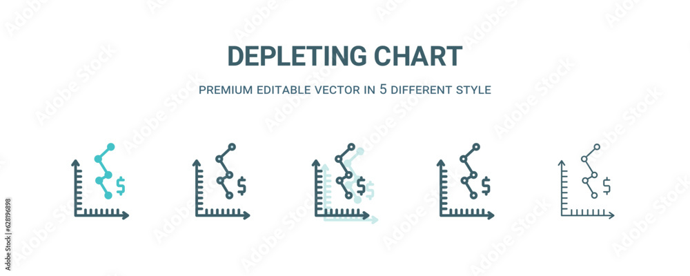 depleting chart icon in 5 different style. Outline, filled, two color, thin depleting chart icon isolated on white background. Editable vector can be used web and mobile