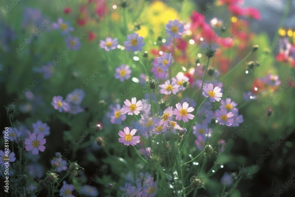 Field of colorful blooming cosmos flower in spring on morning Created with Generative AI technology. Field of colorful blooming cosmos flower in spring on morning Created with Generative AI technology.