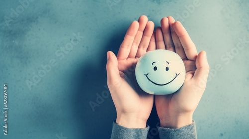 Leinwand Poster Holding a head with a happy smiling face in the hands, mental health concept, po