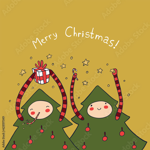 Joyful fir trees wishing Merry Christmas flat vector image (ID: 628197049)
