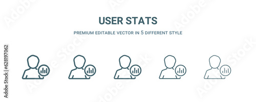 user stats icon in 5 different style. Thin, light, regular, bold, black user stats icon isolated on white background. Editable vector
