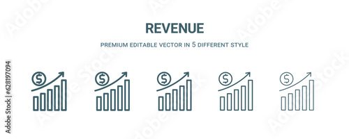 revenue icon in 5 different style. Thin, light, regular, bold, black revenue icon isolated on white background. Editable vector