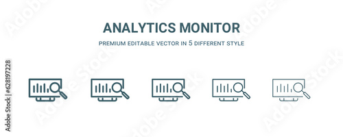 analytics monitor icon in 5 different style. Thin, light, regular, bold, black analytics monitor icon isolated on white background. Editable vector