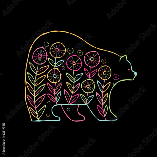 Bear character with abstract Floral Ornament isolated on black