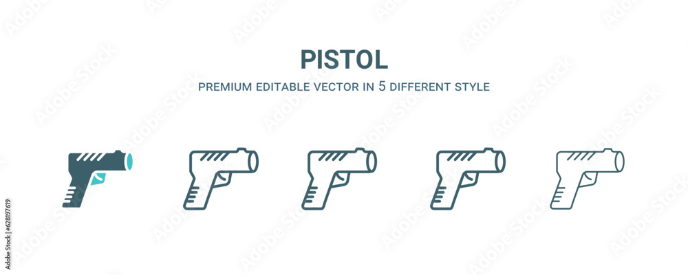 pistol icon in 5 different style. Outline, filled, two color, thin pistol icon isolated on white background. Editable vector can be used web and mobile pistol icon in 5 different style. Outline, filled, two color, thin pistol icon isolated on white background. Editable vector can be used web and mobile