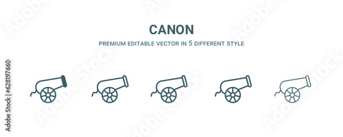 canon icon in 5 different style. Outline, filled, two color, thin canon icon isolated on white background. Editable vector can be used web and mobile