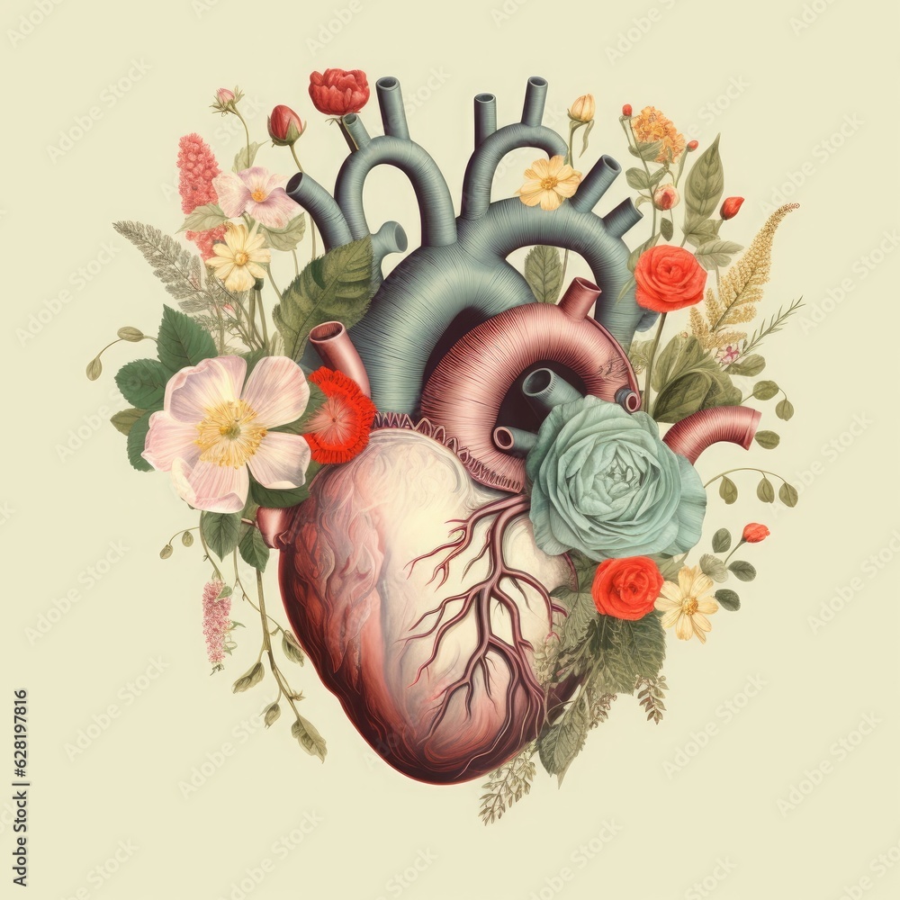 Human heart with flowers, love and emotion concept, good hearted person, help and charity, Generative AI - obrazy, fototapety, plakaty 