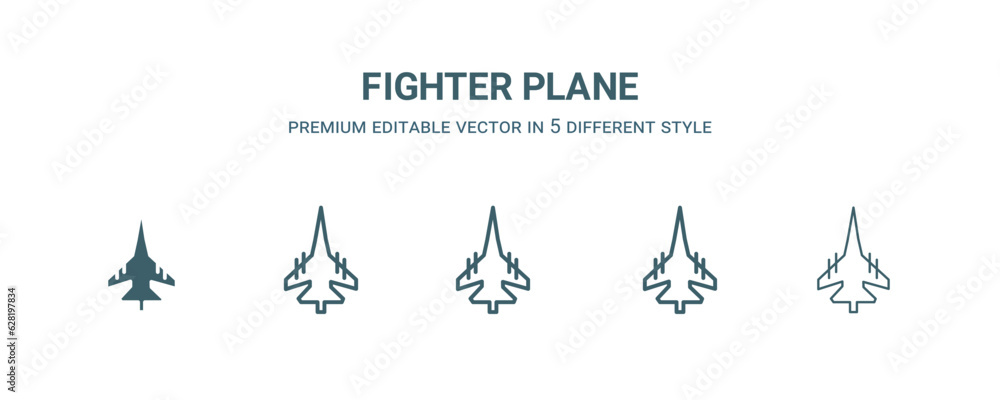 fighter plane icon in 5 different style. Outline, filled, two color, thin fighter plane icon isolated on white background. Editable vector can be used web and mobile