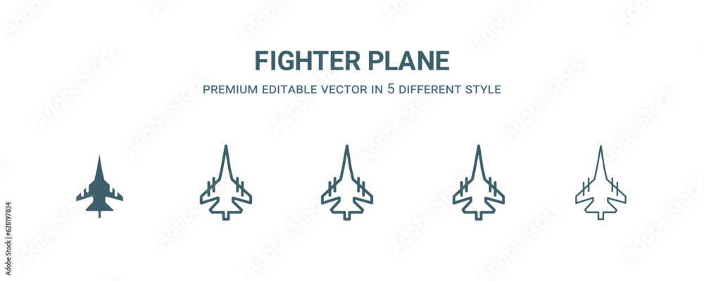 fighter plane icon in 5 different style. Outline, filled, two color, thin fighter plane icon isolated on white background. Editable vector can be used web and mobile fighter plane icon in 5 different style. Outline, filled, two color, thin fighter plane icon isolated on white background. Editable vector can be used web and mobile