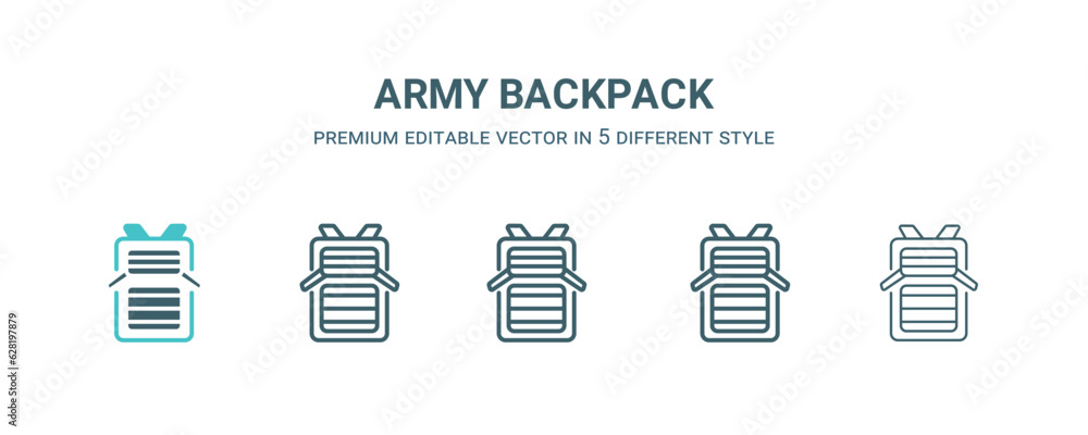 army backpack icon in 5 different style. Outline, filled, two color, thin army backpack icon isolated on white background. Editable vector can be used web and mobile army backpack icon in 5 different style. Outline, filled, two color, thin army backpack icon isolated on white background. Editable vector can be used web and mobile