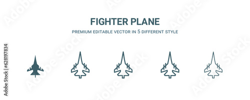 fighter plane icon in 5 different style. Outline, filled, two color, thin fighter plane icon isolated on white background. Editable vector can be used web and mobile
