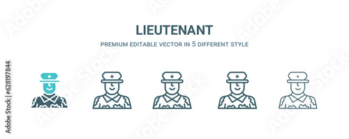 lieutenant icon in 5 different style. Outline, filled, two color, thin lieutenant icon isolated on white background. Editable vector can be used web and mobile