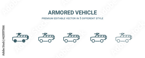 armored vehicle icon in 5 different style. Outline, filled, two color, thin armored vehicle icon isolated on white background. Editable vector can be used web and mobile