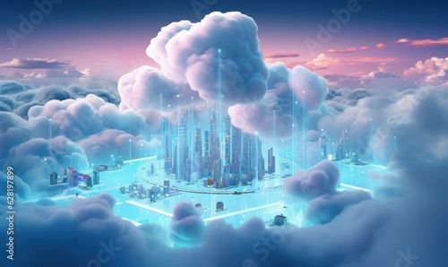 Cloud networks concepts with colorful digital art surrealism. futuristic of metaverse. paradise visualizing imaginations. Generative AI