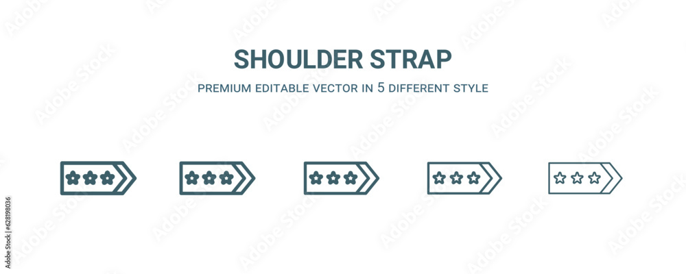 shoulder strap icon in 5 different style. Thin, light, regular, bold, black shoulder strap icon isolated on white background.