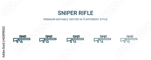 sniper rifle icon in 5 different style. Thin, light, regular, bold, black sniper rifle icon isolated on white background.