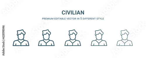 civilian icon in 5 different style. Thin, light, regular, bold, black civilian icon isolated on white background.