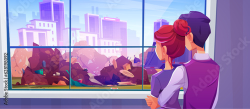 Couple looking at urban landfill through window. Vector cartoon illustration of man and woman hugging in house room, stinky wasteland with piles of unsorted garbage outside, cityscape background