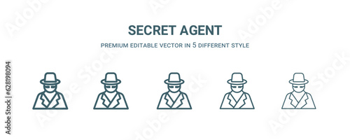 secret agent icon in 5 different style. Thin, light, regular, bold, black secret agent icon isolated on white background.