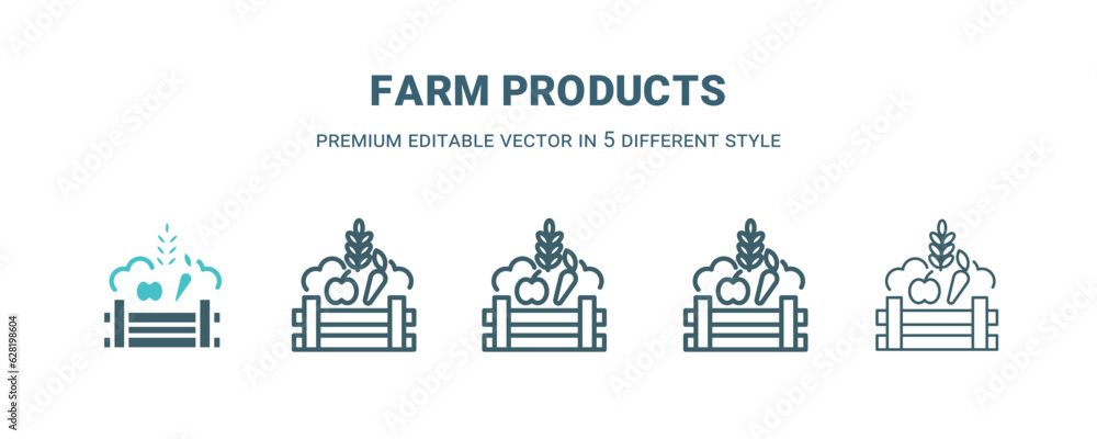 farm products icon in 5 different style. Outline, filled, two color, thin farm products icon isolated on white background. Editable vector can be used web and mobile