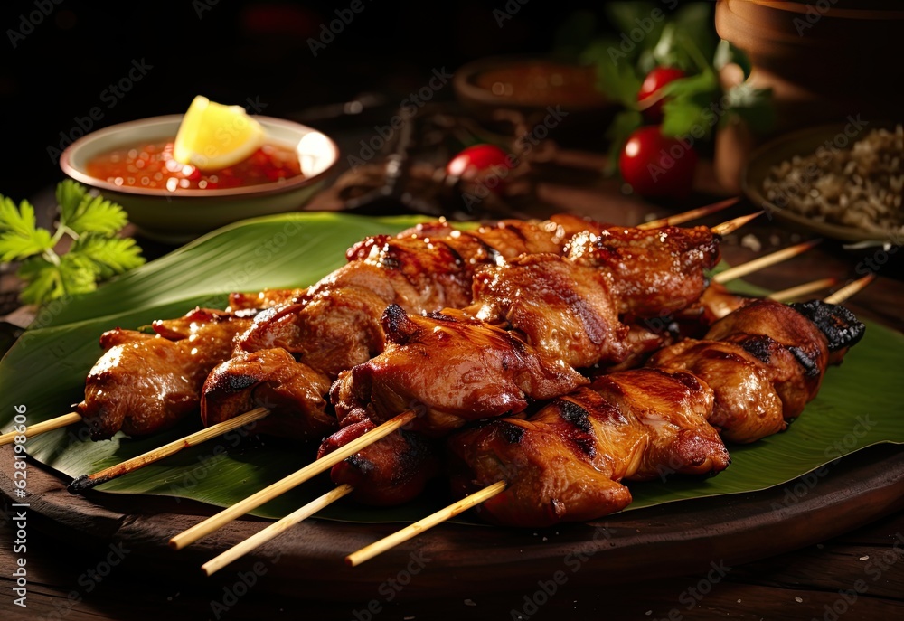 One portion of chicken satay on a plate covered with banana leaves