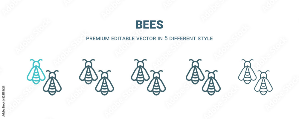 bees icon in 5 different style. Outline, filled, two color, thin bees icon isolated on white background. Editable vector can be used web and mobile