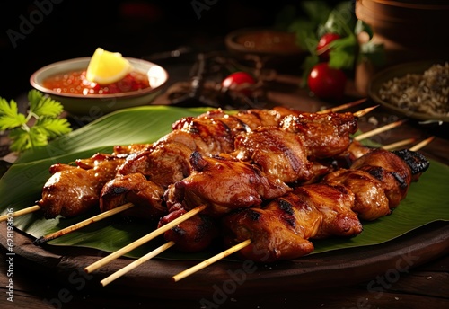 One portion of chicken satay on a plate covered with banana leaves