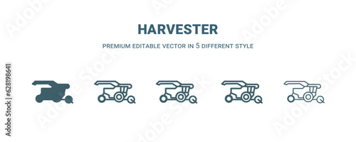 harvester icon in 5 different style. Outline, filled, two color, thin harvester icon isolated on white background. Editable vector can be used web and mobile
