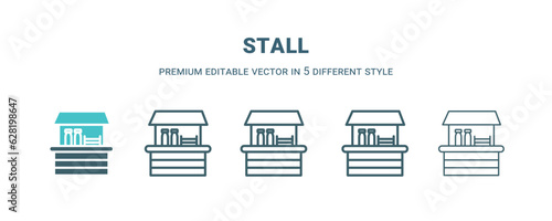 stall icon in 5 different style. Outline, filled, two color, thin stall icon isolated on white background. Editable vector can be used web and mobile