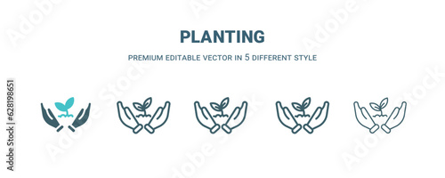 planting icon in 5 different style. Outline, filled, two color, thin planting icon isolated on white background. Editable vector can be used web and mobile