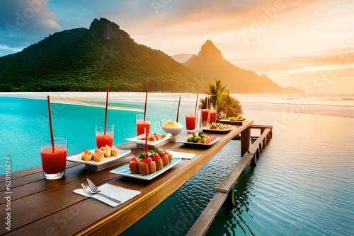 A simulated scene of a tropical beach buffet, showcasing international cuisine and mouthwatering desserts.