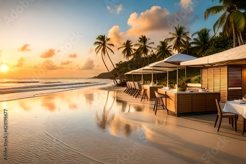 A simulated scene of a tropical beach buffet  showcasing international cuisine and mouthwatering desserts.