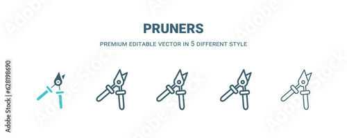 pruners icon in 5 different style. Outline, filled, two color, thin pruners icon isolated on white background. Editable vector can be used web and mobile