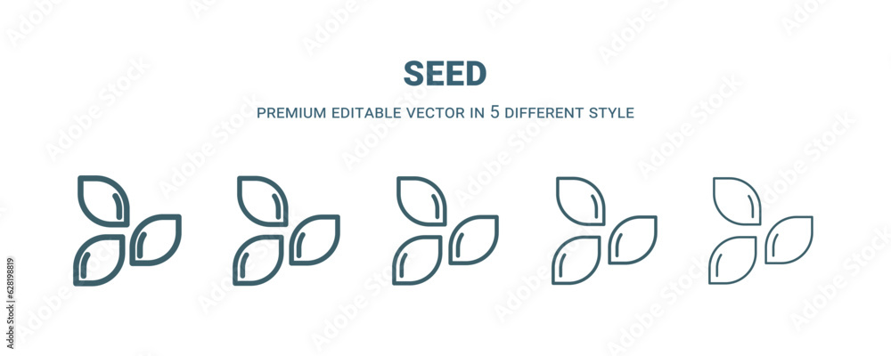 seed icon in 5 different style. Thin, light, regular, bold, black seed icon isolated on white background. seed icon in 5 different style. Thin, light, regular, bold, black seed icon isolated on white background.