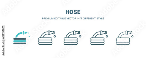 hose icon in 5 different style. Outline, filled, two color, thin hose icon isolated on white background. Editable vector can be used web and mobile
