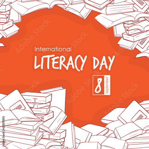 International literacy day campaign design with illustration of books stack