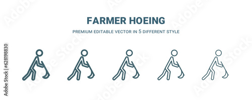 farmer hoeing icon in 5 different style. Thin, light, regular, bold, black farmer hoeing icon isolated on white background.