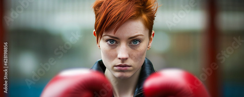 Dynamic female boxer with fierce red hair poised to strike, against a soft-focus boxing ring backdrop. Strong emotive content and impactful composition. Generative AI