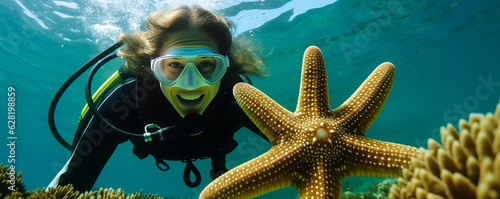 Captivating young marine biologist, hazel-eyed, in wetsuit holding a starfish; side view with composed space; vibrant blurred underwater reef background. Generative AI photo