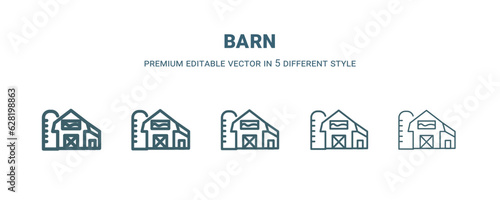 barn icon in 5 different style. Thin, light, regular, bold, black barn icon isolated on white background.