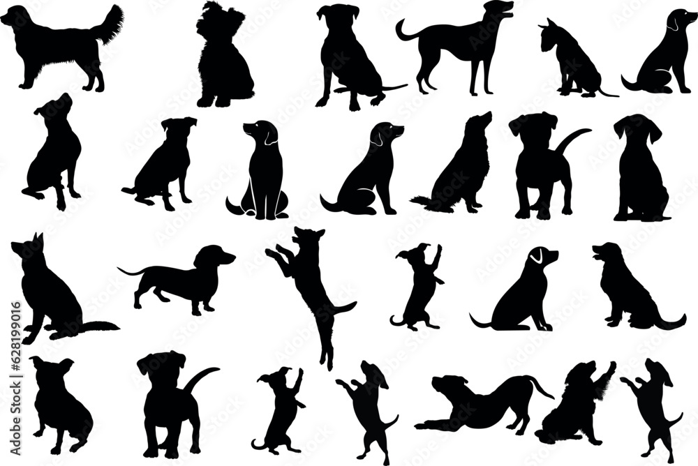 Uma coleção de silhuetas de cães em várias poses e raças. Perfeito para amantes de animais, veterinários ou adestradores de cães. animal, canino, doméstico, fofo, amigável, leal, companheiro.

