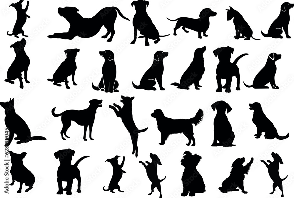 A collection of dog silhouettes in various poses and breeds. Perfect for pet lovers, veterinarians, or dog trainer. animal, canine, domestic, cute, friendly, loyal, companion