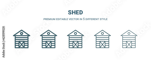 shed icon in 5 different style. Thin, light, regular, bold, black shed icon isolated on white background.